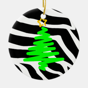 Zebra Stripes Christmas Postage Tree Green Ceramic Ornament