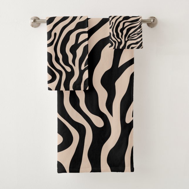 Zebra Stripes Cream Beige Black Wild Animal Print Bath Towel Set (Insitu)