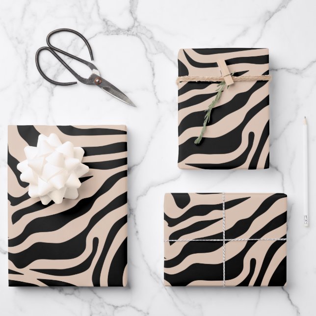 Zebra Stripes Cream Beige Black Wild Animal Print Wrapping Paper Sheet (Front)