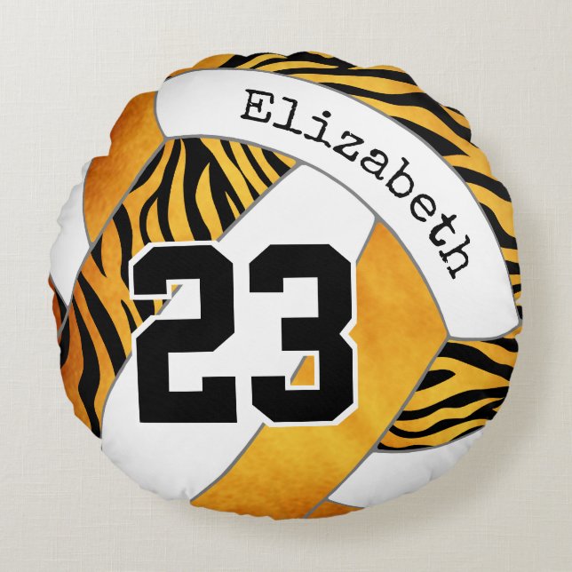 zebra stripes gold orange personalized volleyball round pillow (Front)