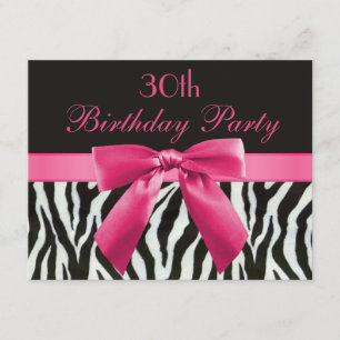Zebra Stripes & Hot Pink Printed Bow 30th Birthday Invitation