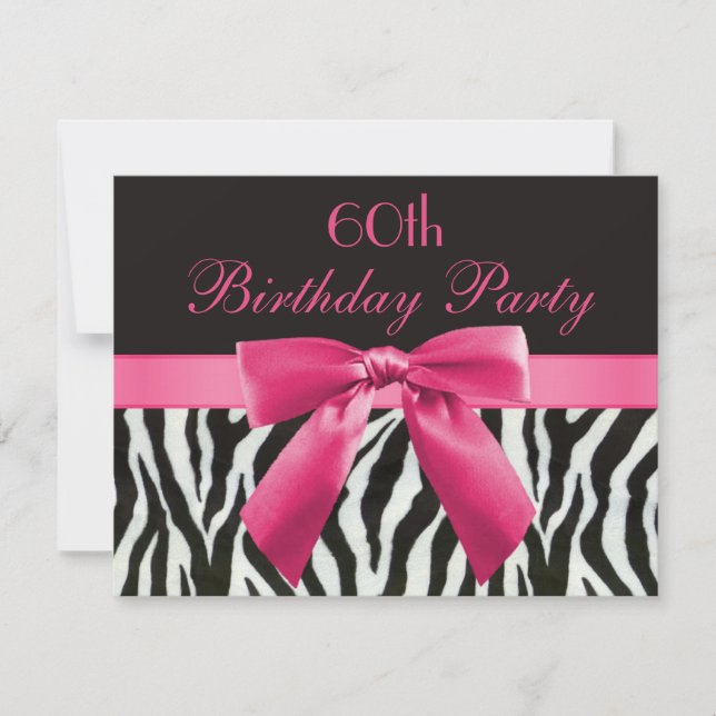 Zebra Stripes & Hot Pink Printed Bow 60th Birthday Invitation (Front)