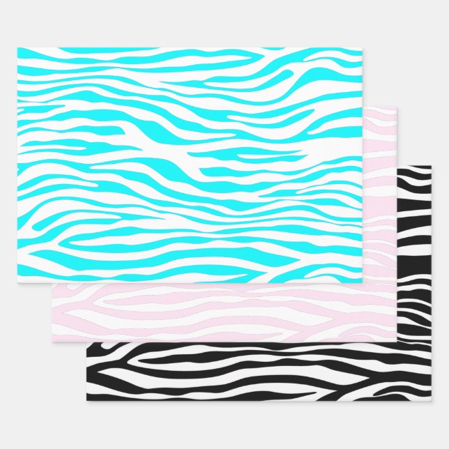 Zebra Stripes in Pink, Black, and Blue Wrapping Paper Sheet (Set)