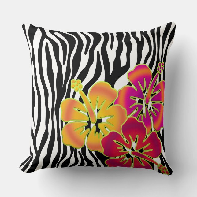 Zebra Stripes pattern + hibiscus flowers Throw Pillow (Front)