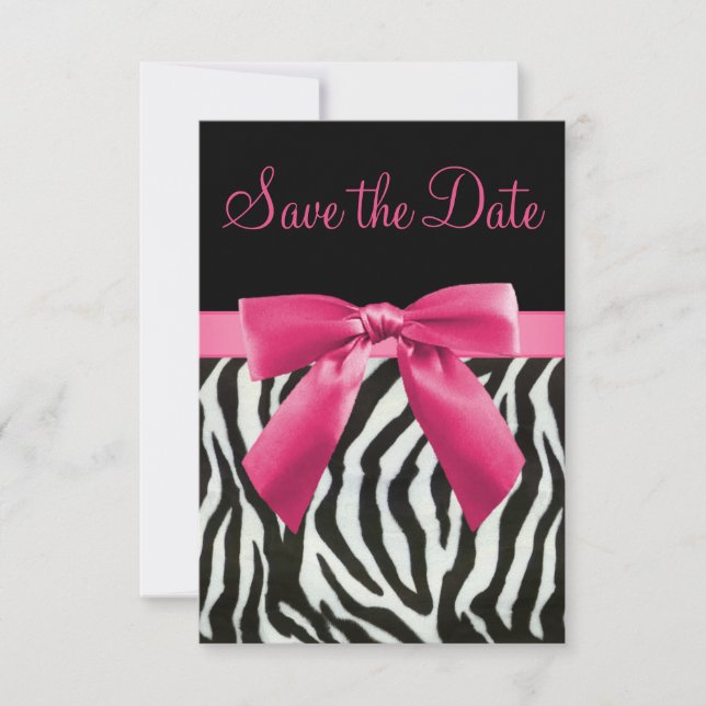 Zebra Stripes & Pink Printed Bow Save the Date (Front)