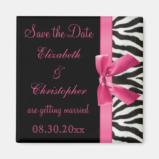 Zebra Stripes & Pink Printed Bow Save The Date Magnet (Front)