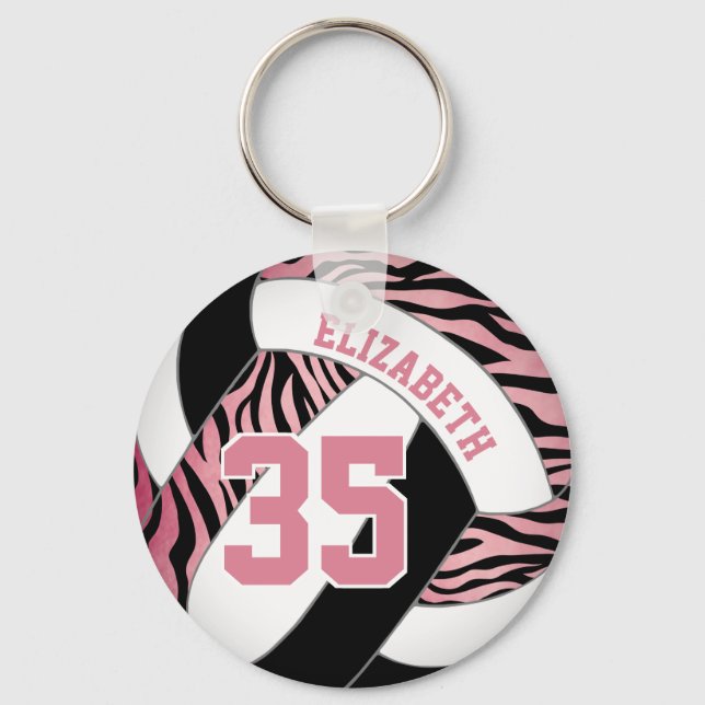 zebra stripes w pink and black girls volleyball keychain (Front)