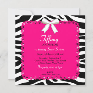 Zebra Stripes with Hot Pink Lace Sweet 16 Birthday Invitation