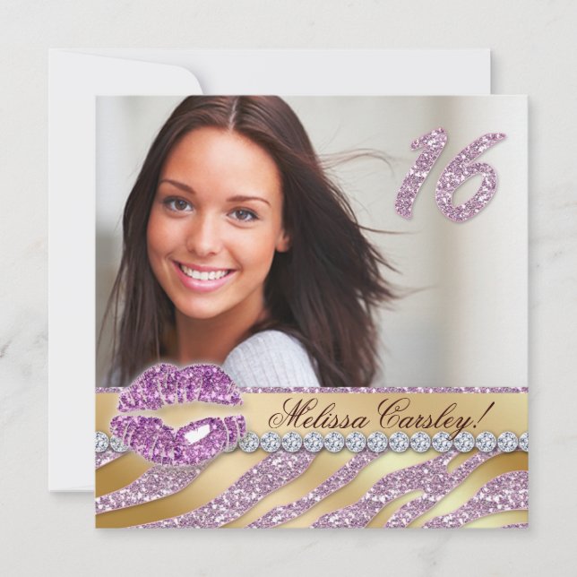 Zebra Sweet 16 Party Invite Pink Gold Makeup (Front)