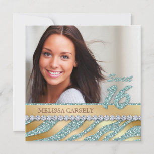 Zebra Sweet 16 Party Invite Teal Gold Jewellery