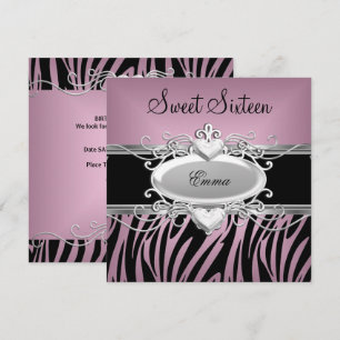 Zebra Sweet Sixteen 16 Party Silver Pink Black Invitation