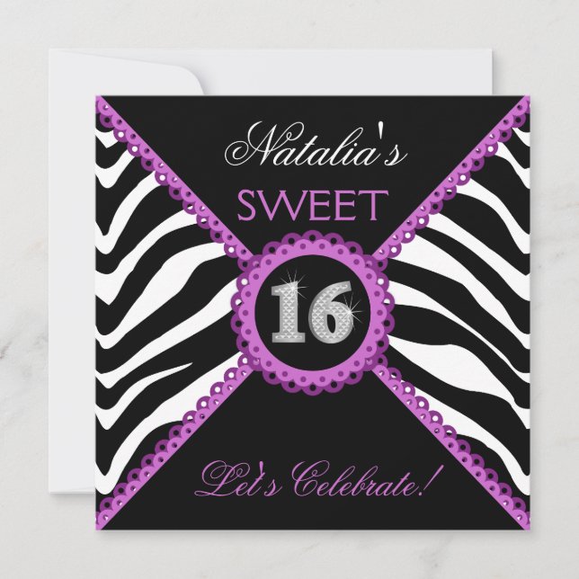 Zebra Sweet Sixteen Purple Lace Bling Invitations (Front)