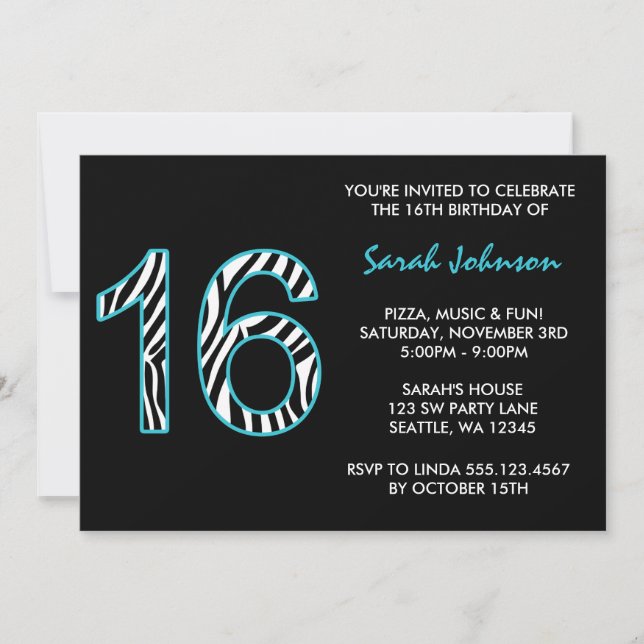 Zebra Teal and Black Sweet 16 Birthday Invitation (Front)