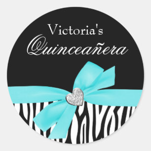 Zebra Teal Blue Bow Diamond Quinceanera Classic Round Sticker