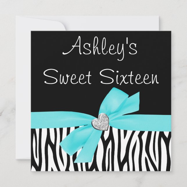 Zebra Teal Blue Bow Diamond Sweet 16 Invitations (Front)