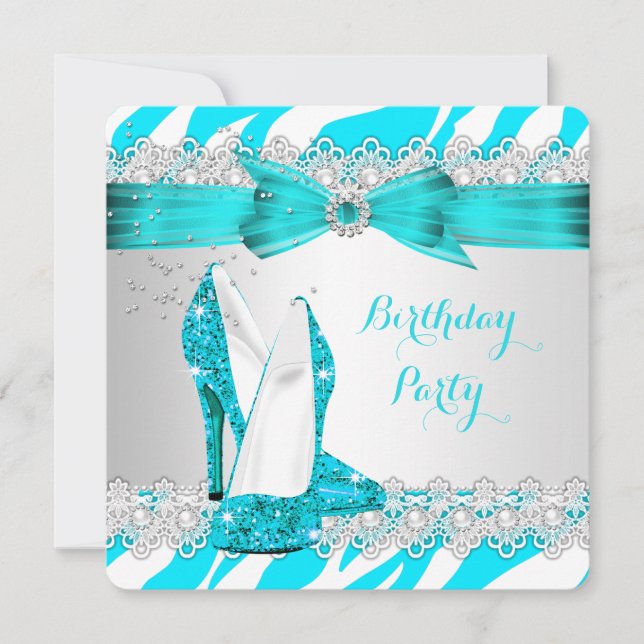 Zebra Teal Blue High Heel Lace Pearl Birthday Invitation (Front)