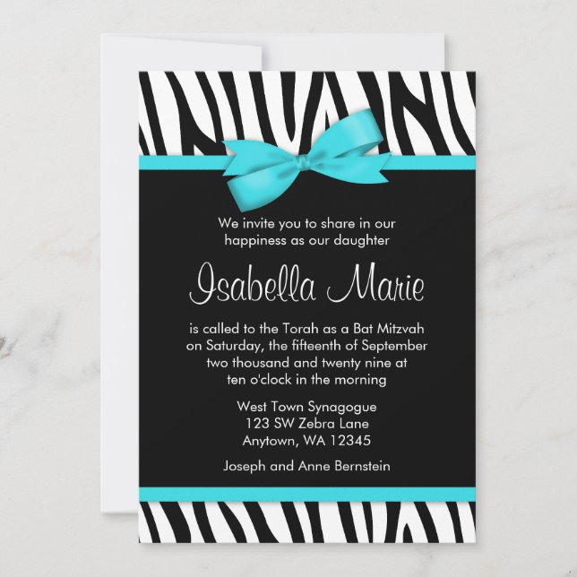 Zebra Teal Blue Printed Bow Bat Mitzvah Invitation (Front)