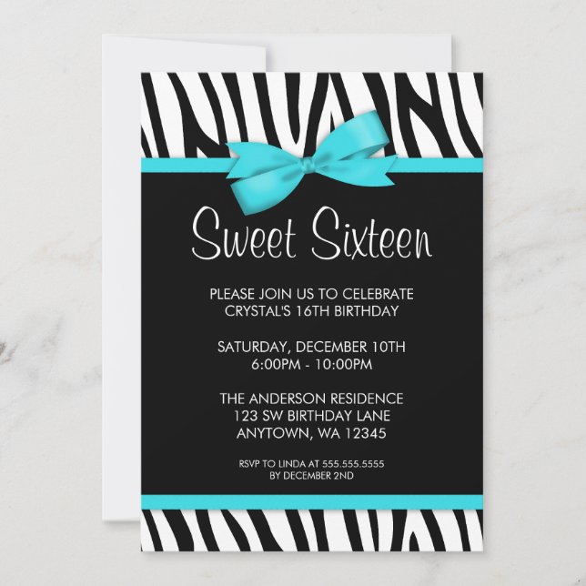 Zebra Teal Blue Printed Bow Sweet 16 Birthday Invitation (Front)