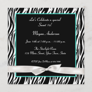 Zebra Teal Blue, White Bow Invitation