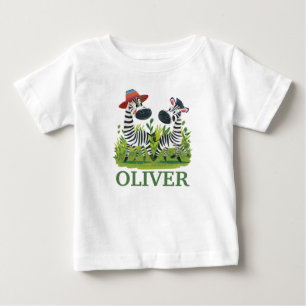 Zebra Twins in the Wild and Personalized Name Baby T-Shirt