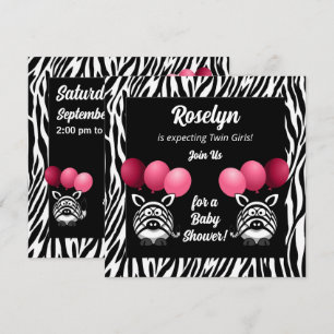Zebra Twins Pink Girls Baby Shower Invitation