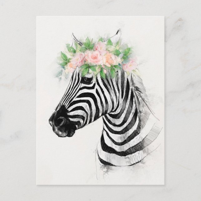 Zebra Wearing a Flower Crown Portrait Postcard (Front)