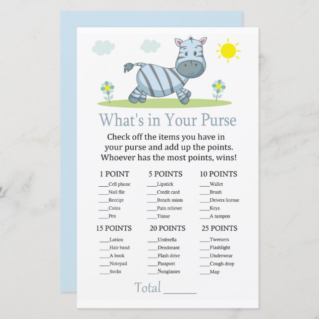 Zebra What's in your purse game (Front/Back)