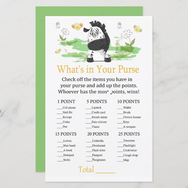Zebra What's in your purse game (Front/Back)