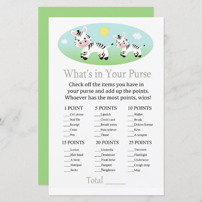Zebra What's in your purse game baby shower (Front/Back)