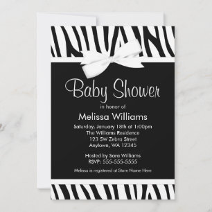 Zebra White Printed Bow Baby Shower Invitation