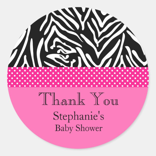 Zebra with Hot Pink Polka Dot Pattern Baby Shower Classic Round Sticker (Front)