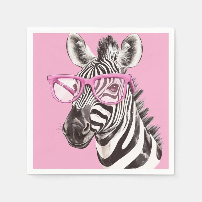 Zebra with Pink Glasses - Light Pink Background Napkin (Front)