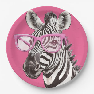 Zebra with Pink Glasses Paper Plate