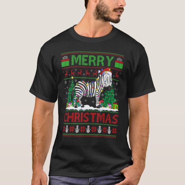 Zebra   Xmas Tree Lights Ugly Santa Zebra Christma T-Shirt (Front)