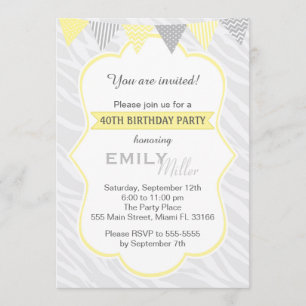 Zebra Yellow Grey 40th Birthday Party Invitation
