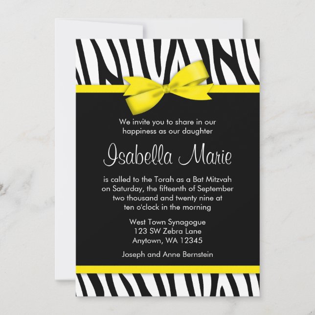 Zebra Yellow Printed Bow Bat Mitzvah Invitations (Front)
