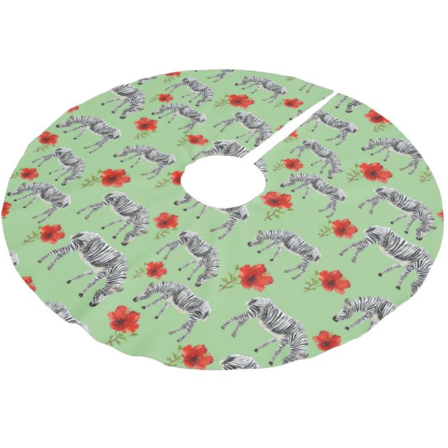 Zebras Among Hibiscus Flowers Brushed Polyester Tree Skirt (Angled)
