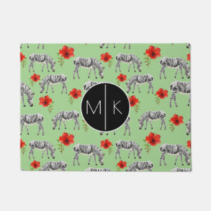 Zebras Among Hibiscus Flowers Monogram Doormat