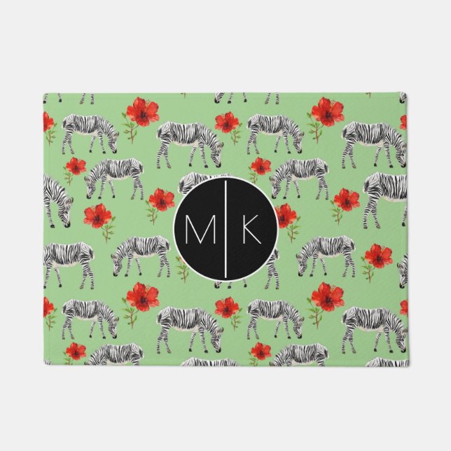 Zebras Among Hibiscus Flowers | Monogram Doormat (Front)