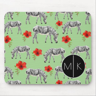 Zebras Among Hibiscus Flowers Monogram Mouse Pad