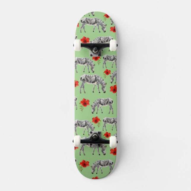 Zebras Among Hibiscus Flowers Skateboard (Front)