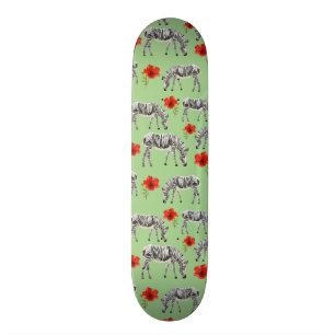 Zebras Among Hibiscus Flowers Skateboard