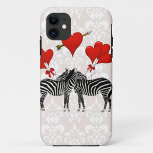 Zebras and hearts on pink damask iPhone 11 case