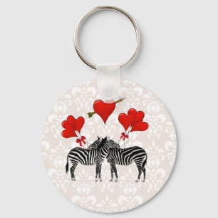 Zebras and hearts on pink damask keychain