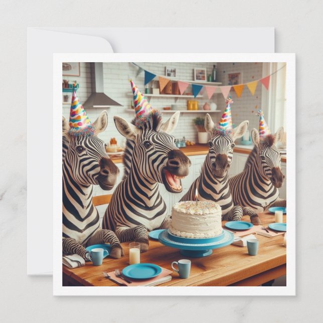 Zebras celebrating, zebra birthday invitation (Front)