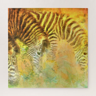 Zebras grazing pastel contemporary animal art jigsaw puzzle
