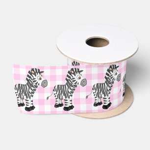 Zebras On Pink Gingham Satin Ribbon