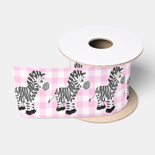 Zebras On Pink Gingham Satin Ribbon (Spool)