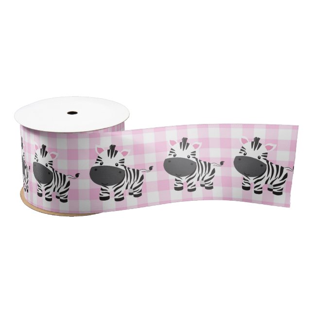 Zebras On Pink Gingham Satin Ribbon (Spool)