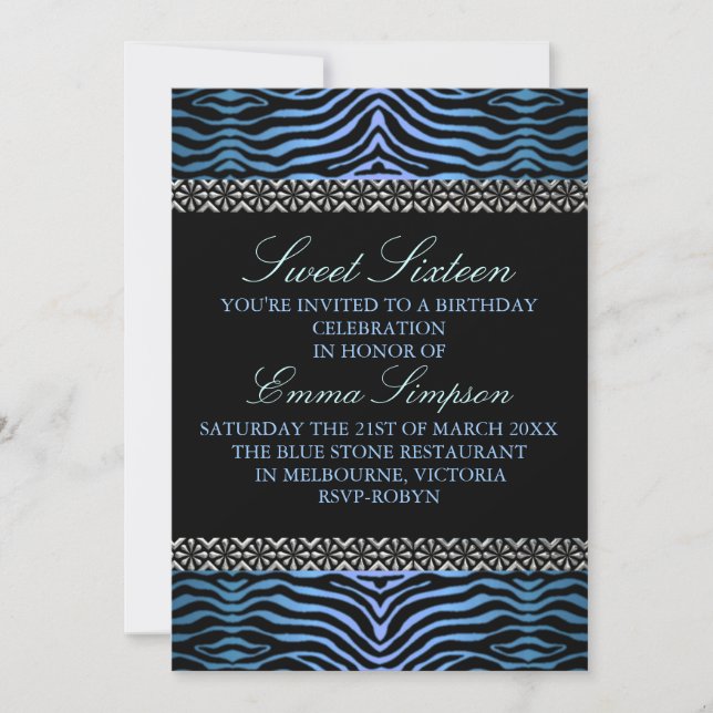 Zèbre bleu moderne imprimé Sweet16 invitation d'an (Devant)